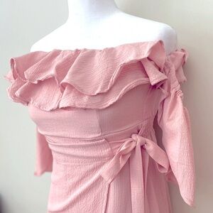 NWT Altar’d State Long Off-Shoulder Wrap Dress Maxi Powder Pink Crepe